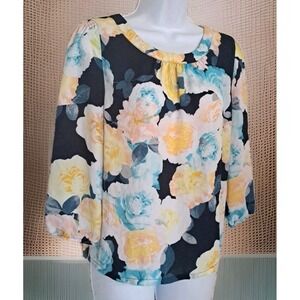 7th Avenue New York & Company Top M Blue Floral Semi Sheer 3/4 Sleeve Button Bac